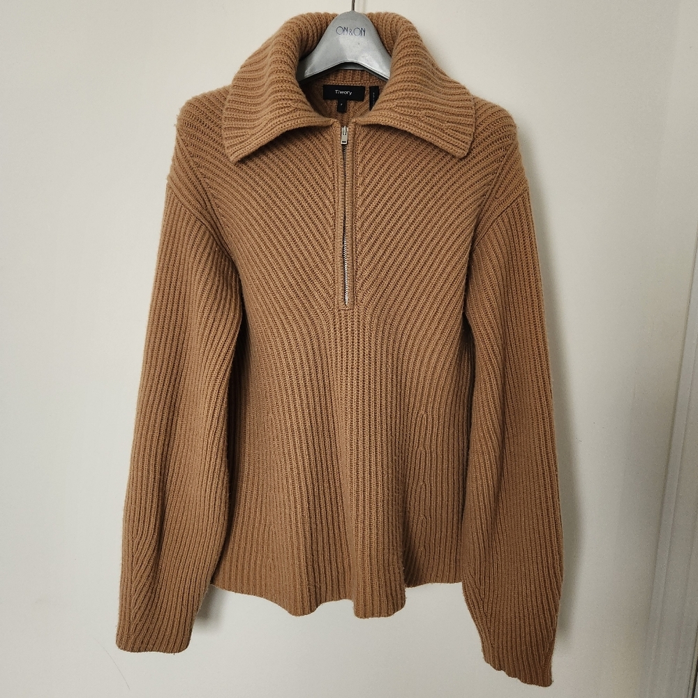 Theory Camel Wool/ Cashmere Zip Collar Pullover Sweater